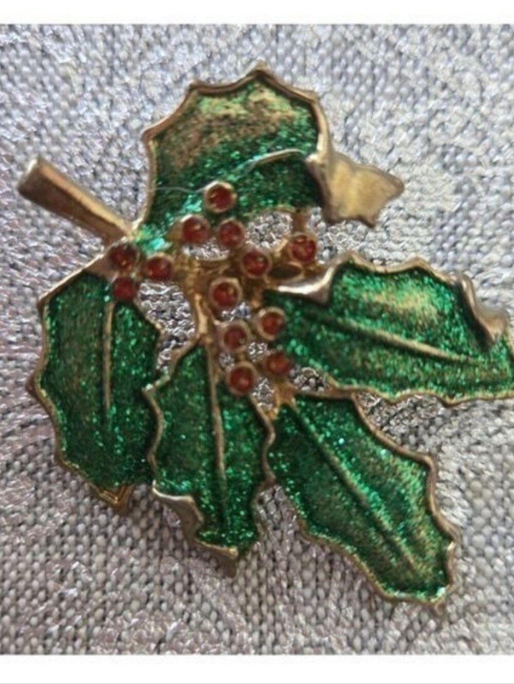 Green Enamel Holly Leaf Brooch with Red Berry Accents